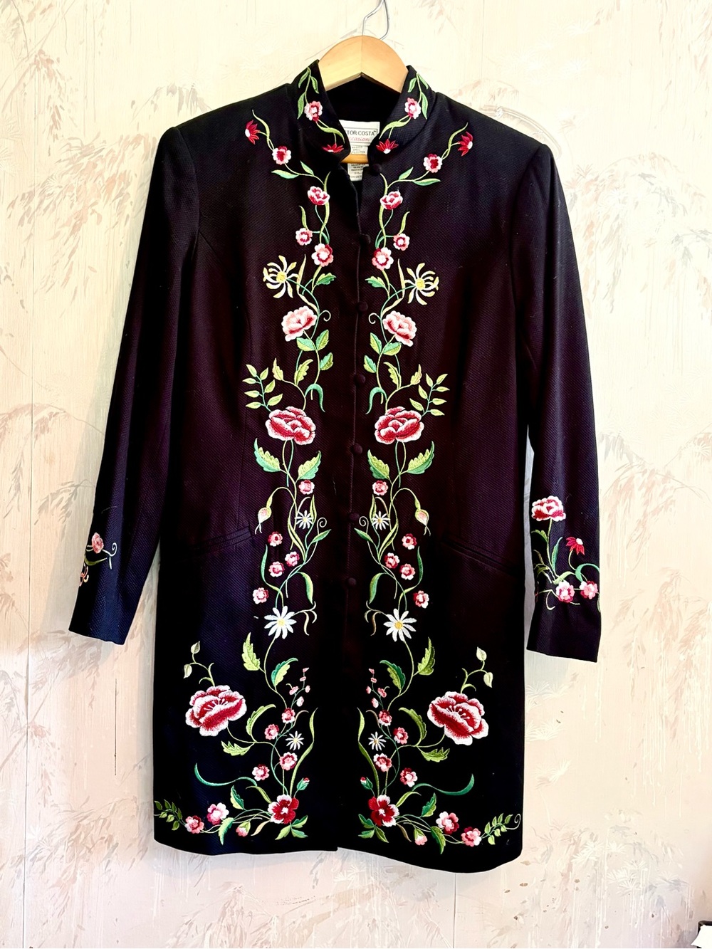 Vintage Victor Costa Black Floral Embroidered Mandarin Duster Coat Jacket Small